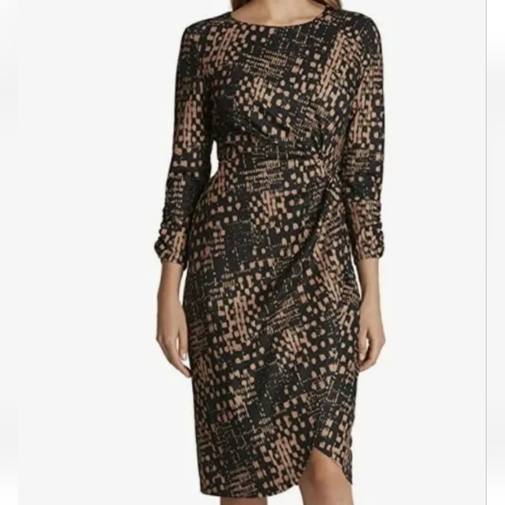 Tahari ASL Women's Long Sleeve Scoop Neck Side Twist Dress, Black Camel Ikat